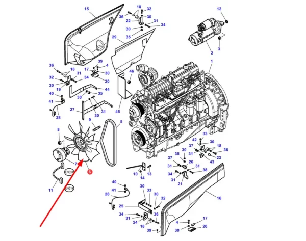 Wentylator chłodnicy o oryginalnym numerze katalogowym 4274233M1, stosowany w ciągnikach rolniczych marek Challenger i Massey Ferguson schemat