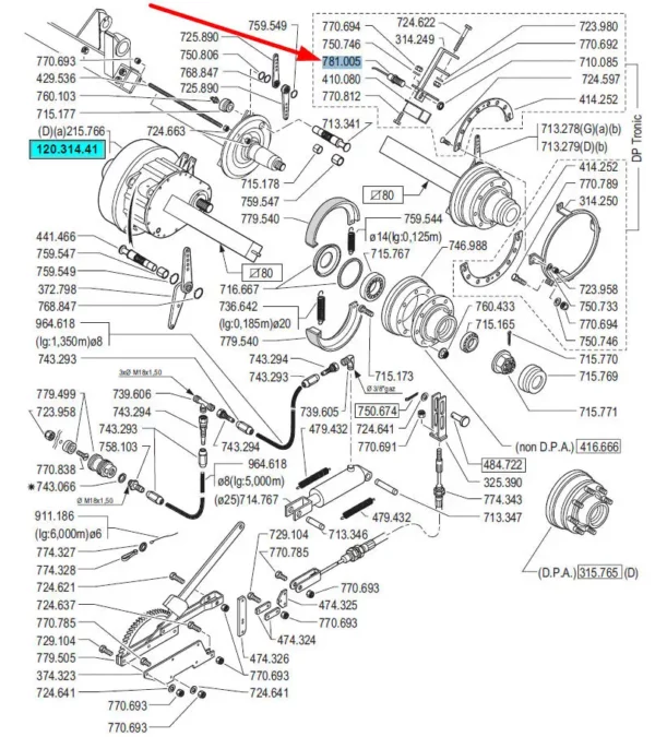 Oryginalny czujnik indukcyjny prędkości jazdy o średnicy 18 mm i numerze katalogowym 781005, stosowany w opryskiwaczach polowych marki Berthoud schemat.
