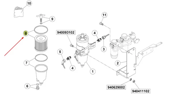 Oryginalny wkład filtra paliwa o numerze katalogowym 0011316040WP001, stosowany w ciągnikach rolniczych marki Renault.-schema