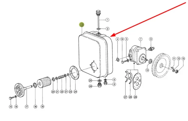 Oryginalny zbiornik oleju hydraulicznego o numerze katalogowym 079116.1, stosowany w maszynach i pojazdach marek Claas schemat.