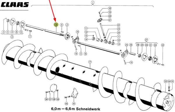 Oryginalny wałek palcy bębna wciągającego o wymiarach d30 x 2969 mm i numerze katalogowym 645367.0, stosowany w hederach zbożowych marki Claas. schemat