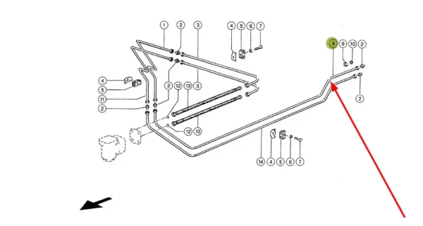 Oryginalny przewód olejowy metalowy układu kierowniczego o numerze katalogowym 697850.0, stosowany w kombajnach zbożowych marki Claas. schemat