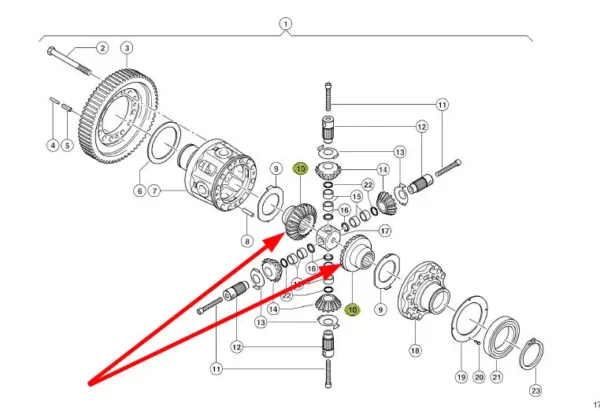 Oryginalne Koło koronowe mechanizmu różnicowego o wymiarach D125 x 97,5, stosowany w maszynach rolniczych marki Claas schemat.