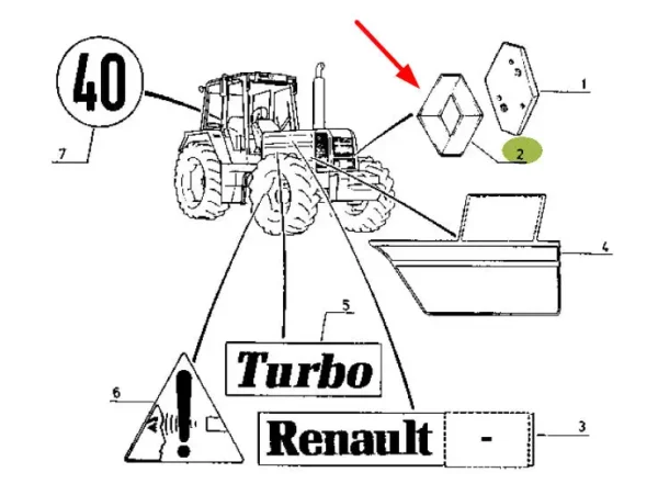 Oryginalny emblemat Reanult o numerze katalogowym 7700824625, dedykowana dla maszyn rolniczych marki Claas/Renault schemat.