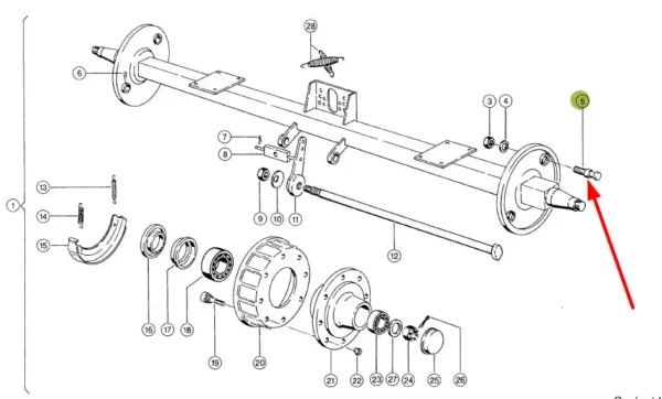 Oryginalny sworzeń osi hamulca i numerze katalogowym 817346.0, stosowany w maszynach rolniczych marki Claas schemat.