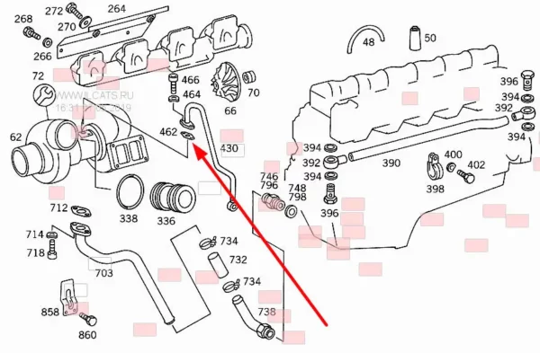 Oryginalna uszczelka przewodu smarowania turbosprężarki, stosowana w silnikach marki Mercedes Benz napędzających pojazdy i maszyny rolnicze marki Claas schemat