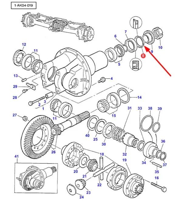 Pierścień uszczelniający przedniej osi o wymiarach  58 x 68 x 5,5/9 i numerze katalogowym 19032220B, stosowany w ciągnikach rolniczych marki Massey Ferguson schemat.