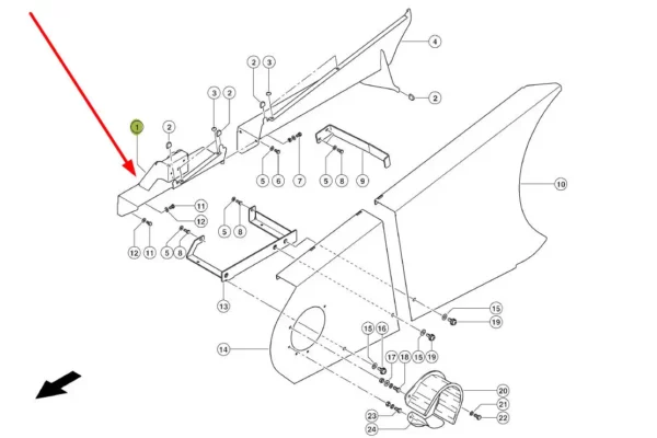 Oryginalna lewa osłona podajnika pochyłego o numerze katalogowym 518362.0, stosowana w kombajnach zbożowych marki Claas. schemat