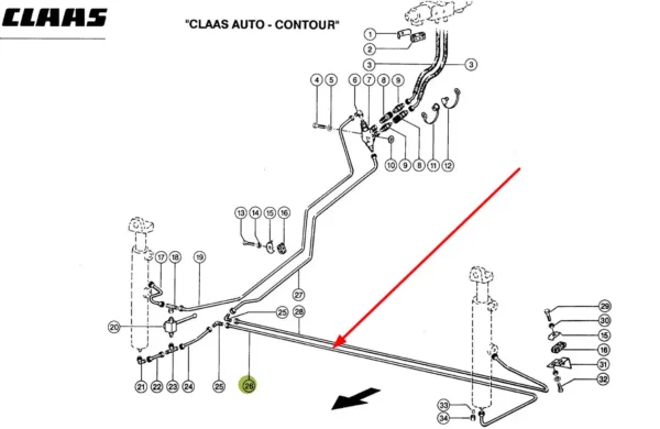 Oryginalny przewód hydrauliczny metalowy o numerze katalogowym 697592.0, stosowany w kombajnach zbożowych marki Claas. schemat