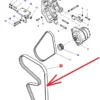 Pasek klinowy wielorowkowy alternatora o wymiarach 10 PK x 1950 mm i numerze katalogowym 10PKX1950LPHD, stosowany w ciągnikach rolniczych marek Massey Ferguson, Challenger schemat.