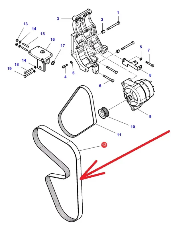 Pasek klinowy wielorowkowy alternatora o wymiarach 10 PK x 1950 mm i numerze katalogowym 10PKX1950LPHD, stosowany w ciągnikach rolniczych marek Massey Ferguson, Challenger schemat.