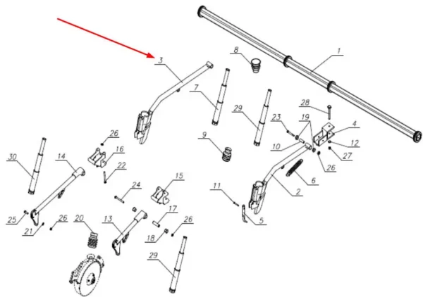 Oryginalne ramię długie, spawane o numerze katalogowym 3043/01-04-02-000, stosowane w siewnikach marki Unia.-schemat
