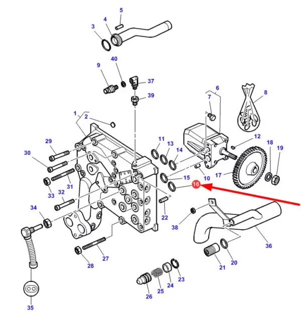 Oryginalny pierścień oring o wymiarach 9,16 x 2,62 mm i numerze katalogowym 1571007240M1, szeroko stosowany w ciągnikach rolniczych marki Massey Ferguson, Valtra, Challenger schemat.