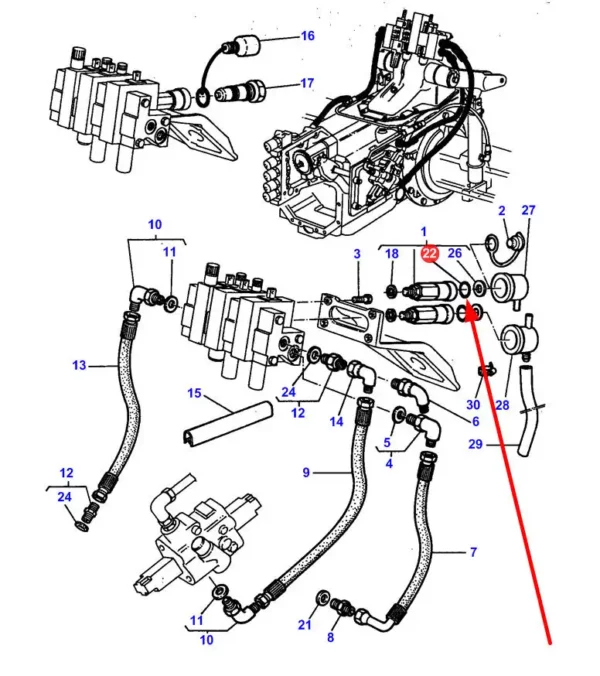 Oring uszczelniający gniazd hydraulicznych o rozmiarze 20,29 x 2,62 mm i numerze katalogowym 157368374X1, stosowany w ciągnikach rolniczych marki Massey Ferguson,Challenger schemat.