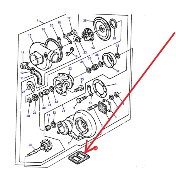 Uszczelka turbosprężarki o numerze katalogowym 38015641, stosowana w ciągnikach rolniczych, kombajnach zbożowych marki Massey Ferguson schemat.