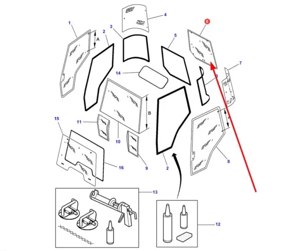 Szyba tylna kabiny o numerze katalogowym 65015021, stosowana w ciągnikach rolniczych marek Massey Ferguson i Challenger. schemat