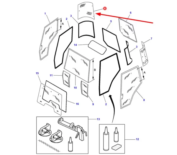 Szyba narożnikowa tylna prawa o numerze katalogowym 65015024, stosowana w ciągnikach rolniczych marki Massey Ferguson. schemat