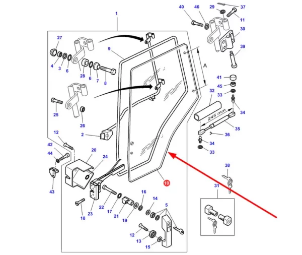 Szyba drzwi prawych o numerze katalogowym 65015028, stosowana w ciągnikach rolniczych marki Massey Ferguson. schemat