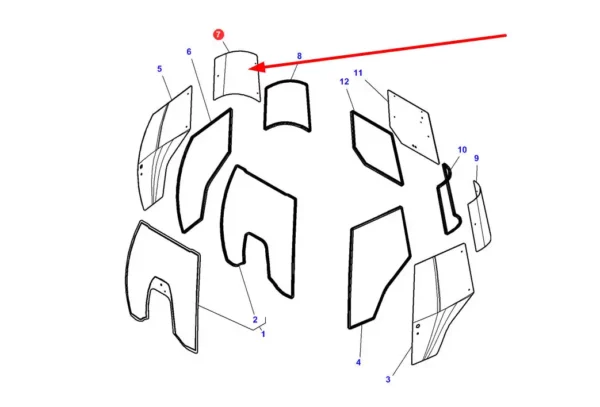 Tylna szyba narożnikowa prawa o numerze katalogowym 650815031, stosowana w ciągnikach rolniczych marek Massey Ferguson i Challenger. schemat