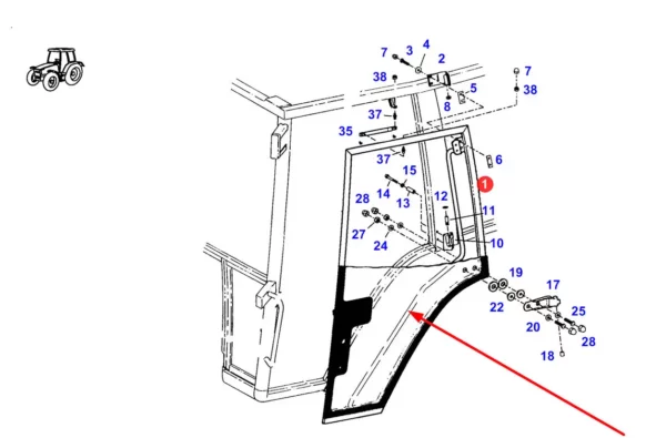 Szyba drzwi lewych o numerze katalogowym 650886482, stosowana w ciągnikach rolniczych marki Fendt. schemat