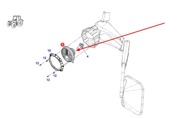 Reflektor dodatkowy o oryginalnym numerze katalogowym G931901160031, stosowany w ciągnikach rolniczych marki Fendt schemat