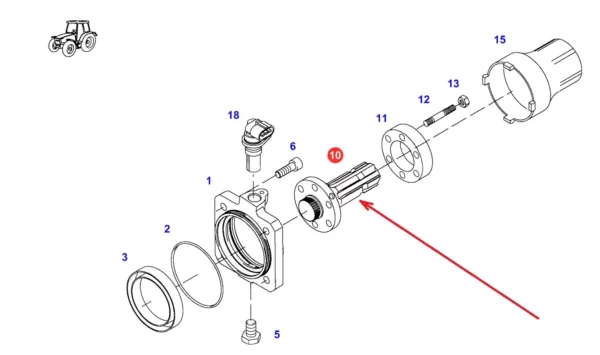 Adapter tylnego WOM 1 3/4 o 6 frezach i numerze katalogowym 70806335, stosowany w ciągnikach rolniczych marek Fendt, Massey Ferguson, Valtra i Challenger. schemat