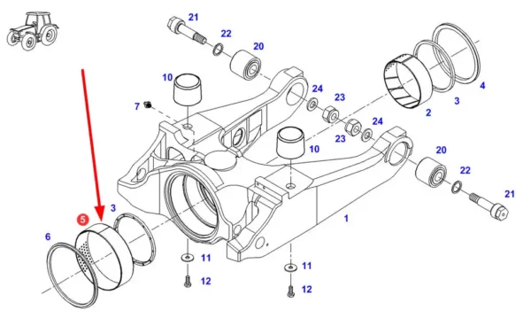 Tuleja ślizgowa zawieszenia przedniej osi o numerze katalogowym 72706233, stosowana jako zamiennik oryginalnej części o numerze katalogowym 716300050030 montowanej w ciągnikach rolniczych marki Fendt schemat
