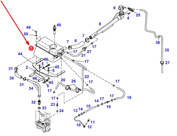 Zbiornik wyrównawczy płynu chłodzącego o numerze katalogowym 74706149, stosowany w ciągnikach rolniczych marki Fendt schemat.