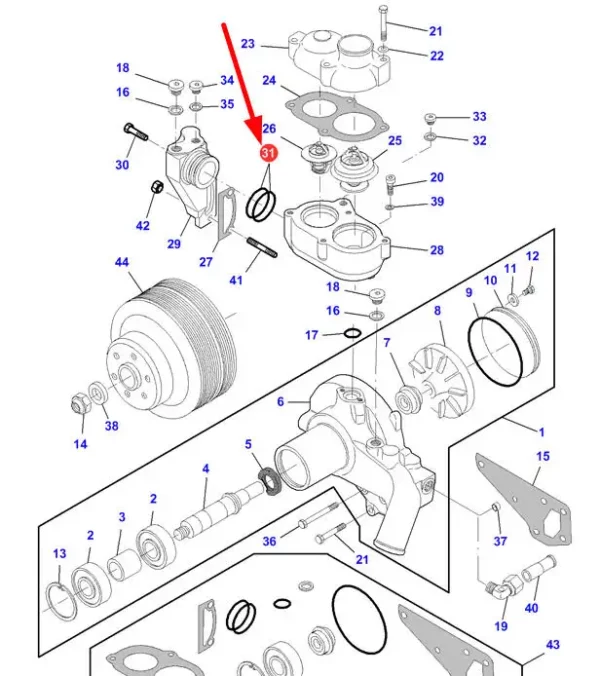 Pierścień oring króćca wodnego o wymiarach 50 x 5,6 i numerze katalogowym 74715189, stosowany w ciągnikach rolniczych marek Challenger, Fendt, Valtra oraz Massey Ferguson schemat.