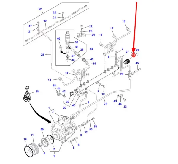 Zawór ciśnienia systemu Common Rail o numerze katalogowym 1110010027, stosowany w ciągnikach rolniczych marki Massey Ferguson schemat.