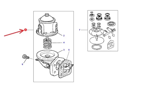 Pompa paliwa zasilająca o numerze katalogowym 100-25.O, stosowana w kombajnach zbożowych i ciągnikach rolniczych marki Massey Ferguson. schemat