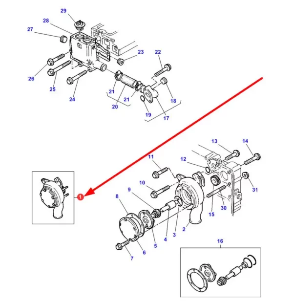 Pompa wody o numerze katalogowym 130-197.01, stosowana w ciągnikach rolniczych, ładowarkach teleskopowych marki Massey Ferguson schemat.