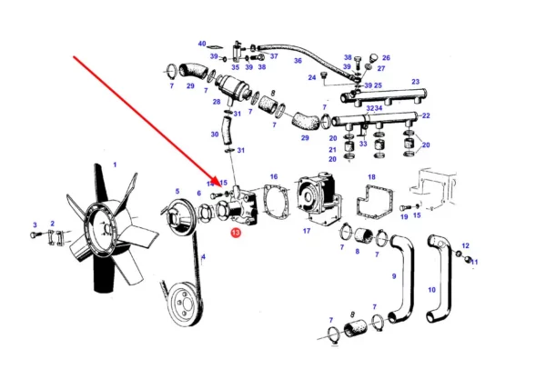 Pompa wody o numerze katalogowym 130-223.01, stosowana w ciągnikach rolniczych marki Fendt. schemat