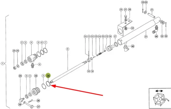 Pierścień siłownika hydraulicznego o wymiarach 40 x 35,4 x 5,4 mm i numerze katalogowym 218000.0, stosowany jako zamiennik w maszynach rolniczych marki Claas schemat