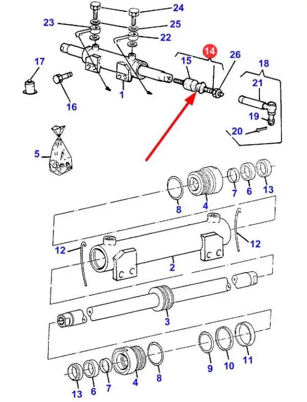 Przegub osiowy o numerze katalogowym 497-16.0, stosowany w ciągnikach rolniczych marek Challenger oraz Massey Ferguson schemat.