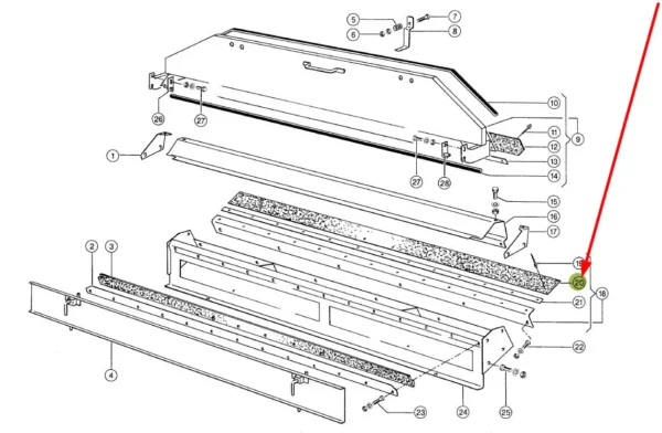 Osłona gumowa chwytacza kamieni oraz młocarni o wymiarach 1544 x 80 x 3 mm i numerze katalogowym 600681.02, stosowana w kombajnach zbożowych marki Claas schemat. 1.