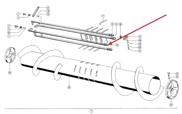 Rurka z palcami ślimaka hederu o numerze katalogowym 611432.00, stosowana w kombajnach zbożowych marki Claas. schemat