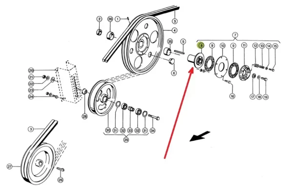 Piasta wewnętrzna sprzęgła przeciążeniowego koła pasowego o numerze katalogowym 644327.01, stosowana w kombajnach zbożowych marki Claas. schemat