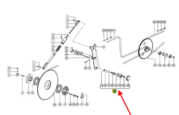Napinacz zębaty kompletny ( 15 zębów ), stosowany jako zamiennik w kombajnach zbożowych marki Claas.  schemat