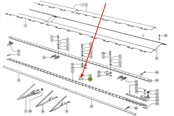 Nóż kosy o numerze katalogowym 676234-M, stosowany w hederach kombajnów zbożowych marki Claas schemat.