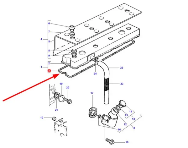 Uszczelka pokrywy zaworowej o oryginalnym numerze katalogowym 4224398M1, stosowana w ciągnikach rolniczych marki Massey Ferguson schemat