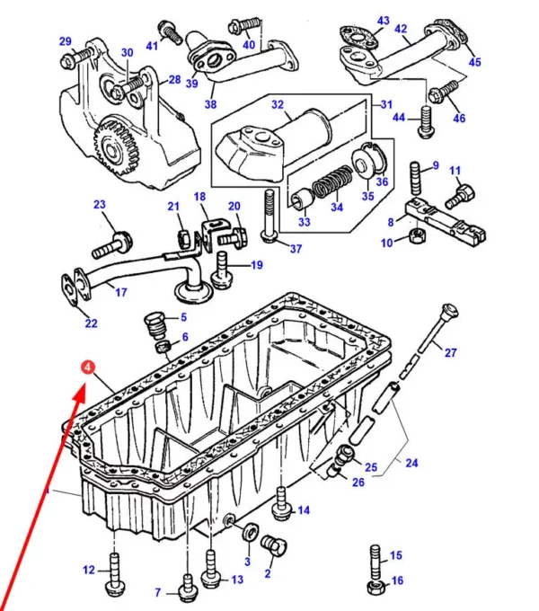Uszczelka miski olejowej o numerze katalogowym 75-113, stosowana w ciągnikach rolniczych i kombajnach zbożowych marek Massey Ferguson i Claas. schemat