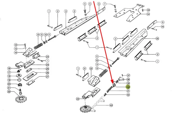 Spinka łańcucha transportowego z prowadnicami o numerze katalogowym CA2801-SPINKA.40, stosowana w przystawkach do kukurydzy marki Claas schemat.