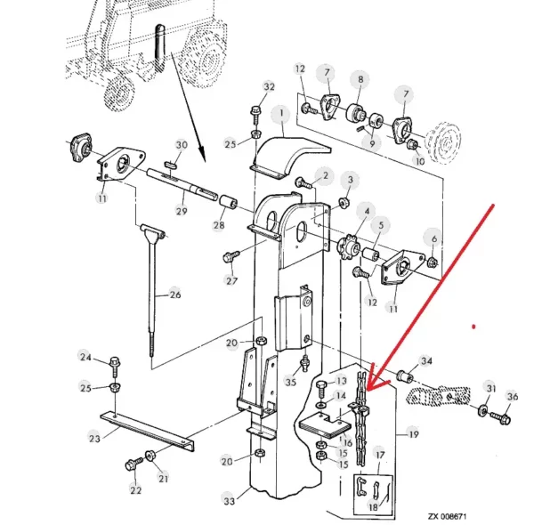 Oryginalny kompletny łańcuch przenośnika ziarnowego o numerze katalogowym AZ46273, stosowany w kombajnach zbożowych marki John Deere. schemat