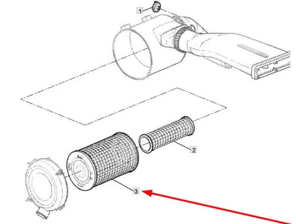 Oryginalny filtr powietrza zewnętrzny o numerze katalogowym DQ64432, stosowany w kombajnach zbożowych marki John Deere. schemat