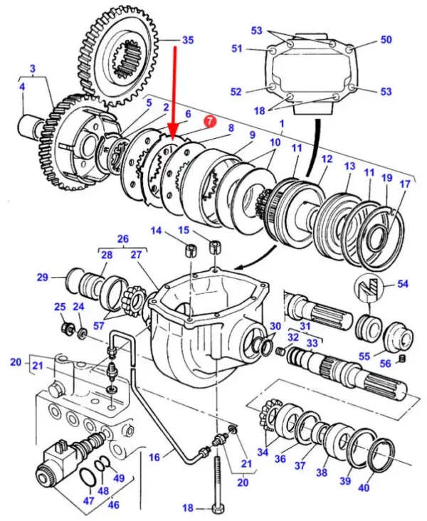 Tarcza cierna o numerze katalogowym 100.005, stosowana jako zamiennik w ciągnikach rolniczych marki Massey Ferguson oraz Challenger schemat.