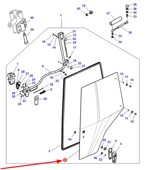 Szyba drzwi lewych o numerze katalogowym 4353783M2, stosowana w ciągnikach rolniczych marek Massey Ferguson, Challenger schemat.