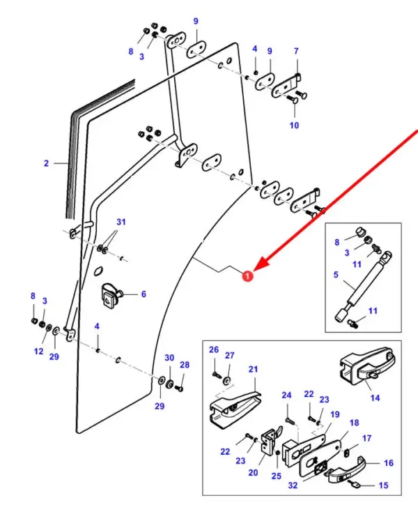 Szyba drzwi lewych o numerze katalogowym VA064555, stosowana w ciągnikach rolniczych marki Massey Ferguson schemat.