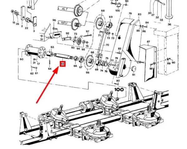 Oryginalny wał napędowy noży, stosowany w przystawkach do kukurydzy marki Kemper - schemat.