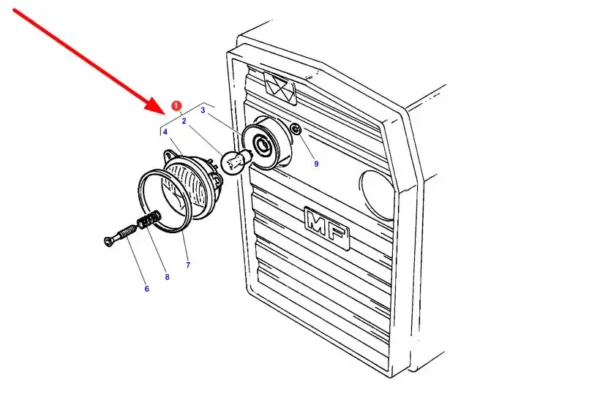 Reflektor prawy o numerze katalogowym 1672768M91, stosowany w ciągnikach rolniczych marki Massey Ferguson schemat
